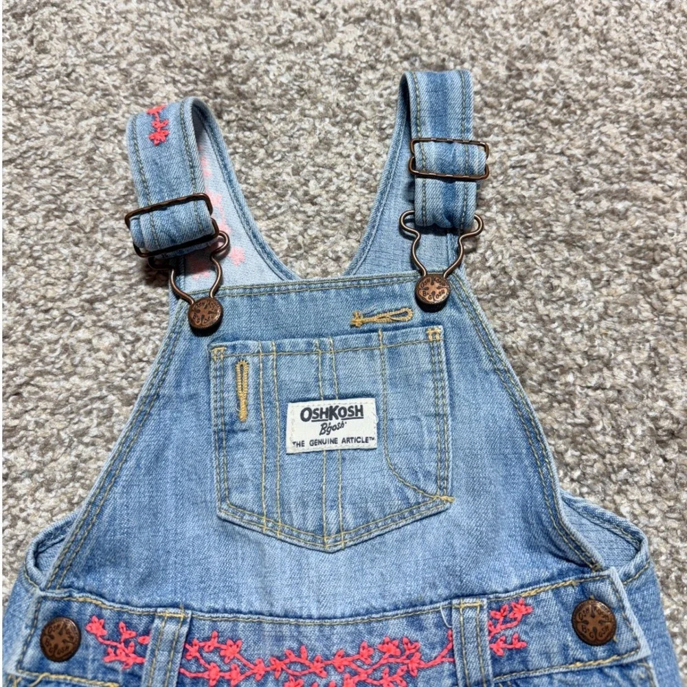 OshKosh B'gosh Shortall Girls 9M Blue Denim Floral Embroidered Baby Overalls